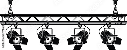Black and White Illustration of Professional Stage Lighting Truss System with Four Spotlights for Concerts, Theater Productions, and Event Performance.