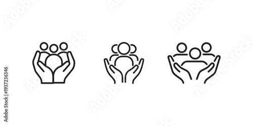 Team care and support icon, vector people in hand protection concept, group of individuals receiving help and assistance from others