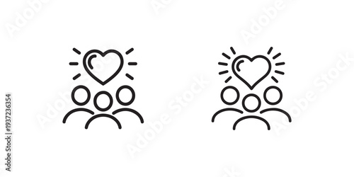 People with heart icon vector. group of person and heart shape with radiant lines above heads symbolizing care and love