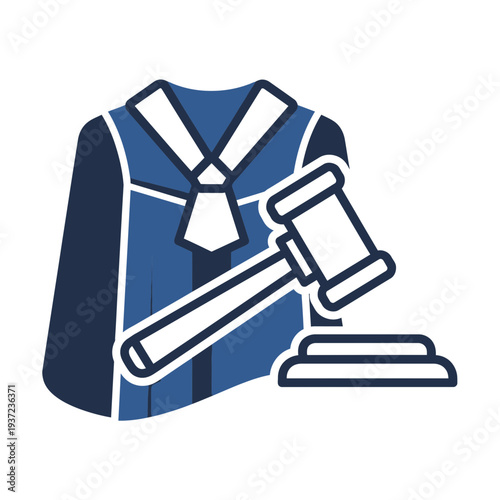 Judge's Robe with Gavel and Sound Block Icon in Blue and White Flat Design