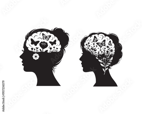 Two black silhouette profiles of women with brains filled with flowers and butterflies symbolizing mental wellness nature and