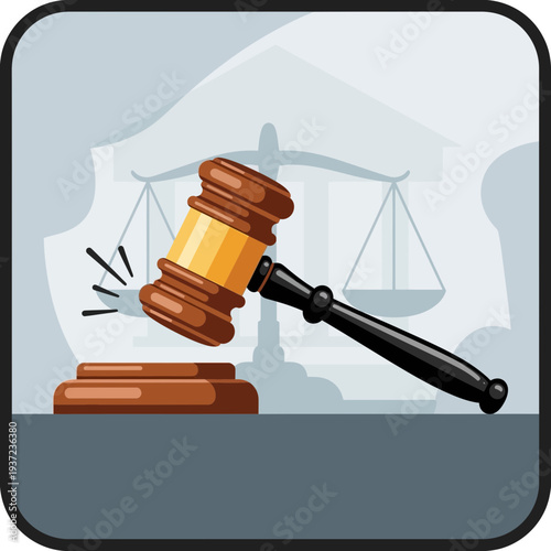 Dynamic Gavel Strike Illustration with Scales of Justice Background for Legal Actions