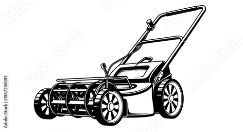 Detailed illustration of a lawnmower, showcasing its design and functionality for grass cutting.