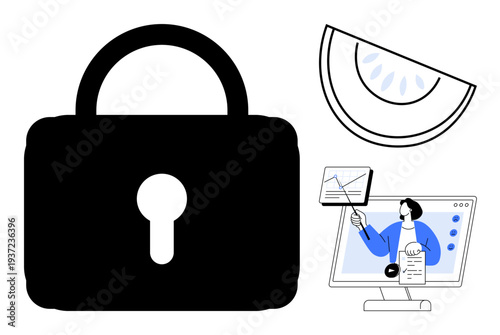Data security concept. A lock security, combined with digital elements thumbs up analytics and a computer. Data security is vital for safeguarding sensitive information and analysis. Ideal