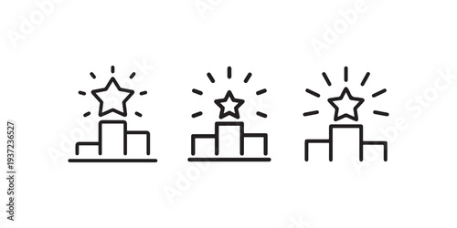 Three line icons showing a podium with a shining star on top, representing first place, victory, and top ranking