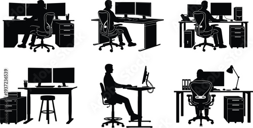 Office worker silhouette set with people at desks, using multiple monitors, ergonomic chairs, and computers for professional workplace and productivity.