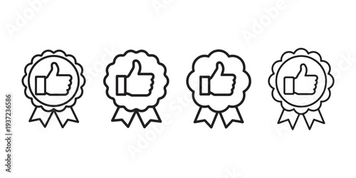 Quality badge icon set showing thumbs up symbol inside circular seal with ribbons illustrating customer satisfaction best choice and top rating service