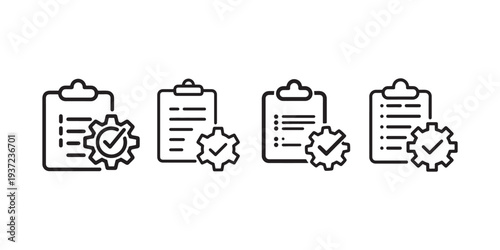 Clipboard with checklist and gear icon, task completion symbol, project management plan, work process done, approved document.