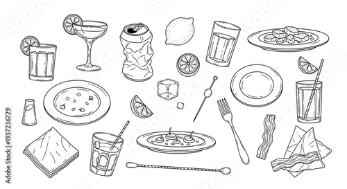 Hand drawn sketch collection of food and drinks with tableware featuring cocktails plates napkins and utensils