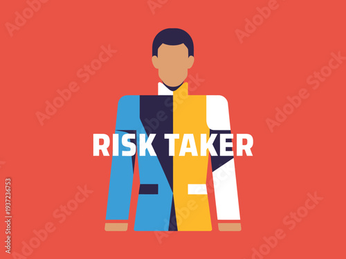 Colorful Businessman Risk Taker Illustration with Multicolored Suit and Bold Typography on Red Background
