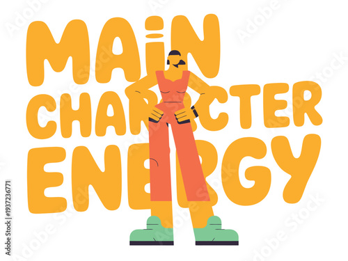 Vibrant illustration of confident woman with main character energy concept and bold typography