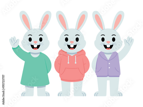 Three cartoon bunnies wearing colorful hoodies and waving, happy Easter characters illustration