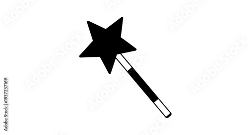 Black magical star wand with white stripes on handle representing fantasy wishes dreams and supernatural power isolated
