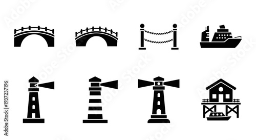 Collection of nautical and coastal icons lighthouses bridge ship barrier and stilt house with boat