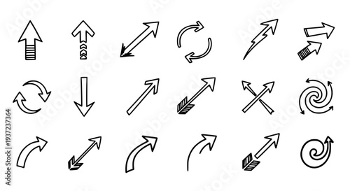 Arrows set with various designs and directions for navigation featuring direction, pointer, cursor with icon and symbol