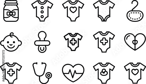 Baby accessories and medical symbols set newborn necessities and healthcare line art illustrations for infants.