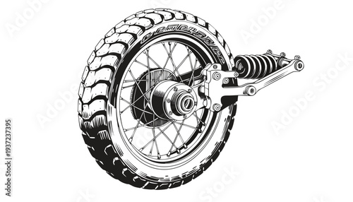 A single black rubber bicycle tire is mounted on a metal wheel and isolated on a white background for sports transportation