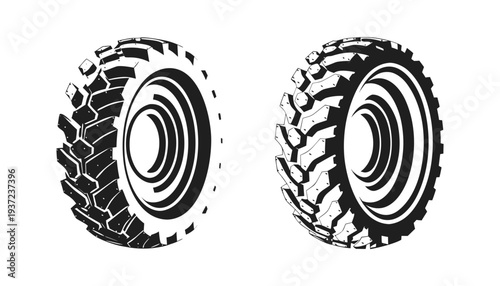 Isolated vector illustration of a new black rubber car tyre set with big round wheels and a collection of auto truck tire prints for vehicle transportation equipment