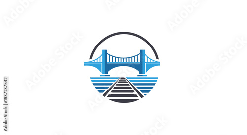 Abstract Bridge Over Railway Tracks Within a Circle Design Logo, Blue Color Scheme
