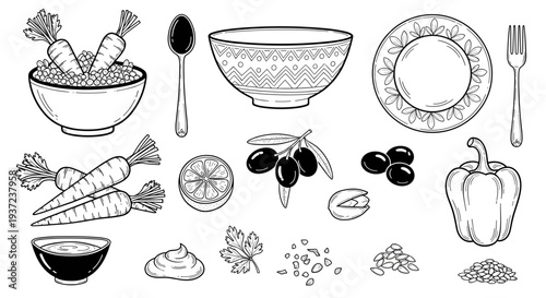 Hand drawn sketch of fresh ingredients and kitchenware including carrots olives bell pepper bowl plate fork spoon