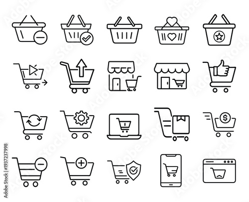 E-commerce shopping cart and basket line icon set with online store, mobile app purchase, product delivery box, secure payment, retail market more vector illustration editable stroke.