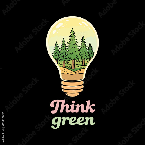 Think Green Vintage Lightbulb Pine Tree Forest Retro Vector