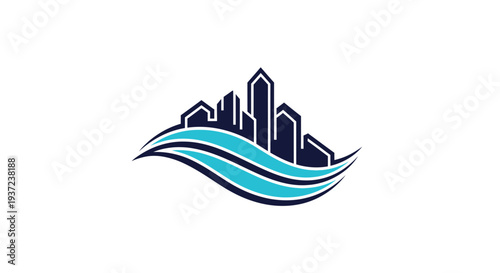 Abstract Cityscape Logo With Wave Element Signifying Growth and Modernity
