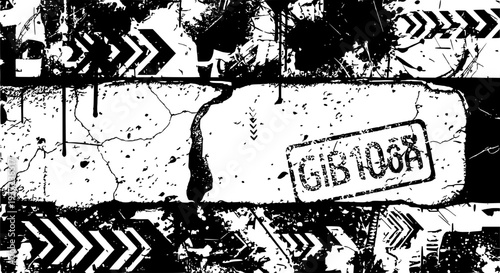 Grunge distressed texture with arrows, cracks, and stamp. featuring abstract, background, black with white and ink