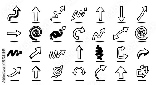 Arrows hand drawn doodle set with various curved and straight lines, black ink style. featuring sketch, icon, symbol