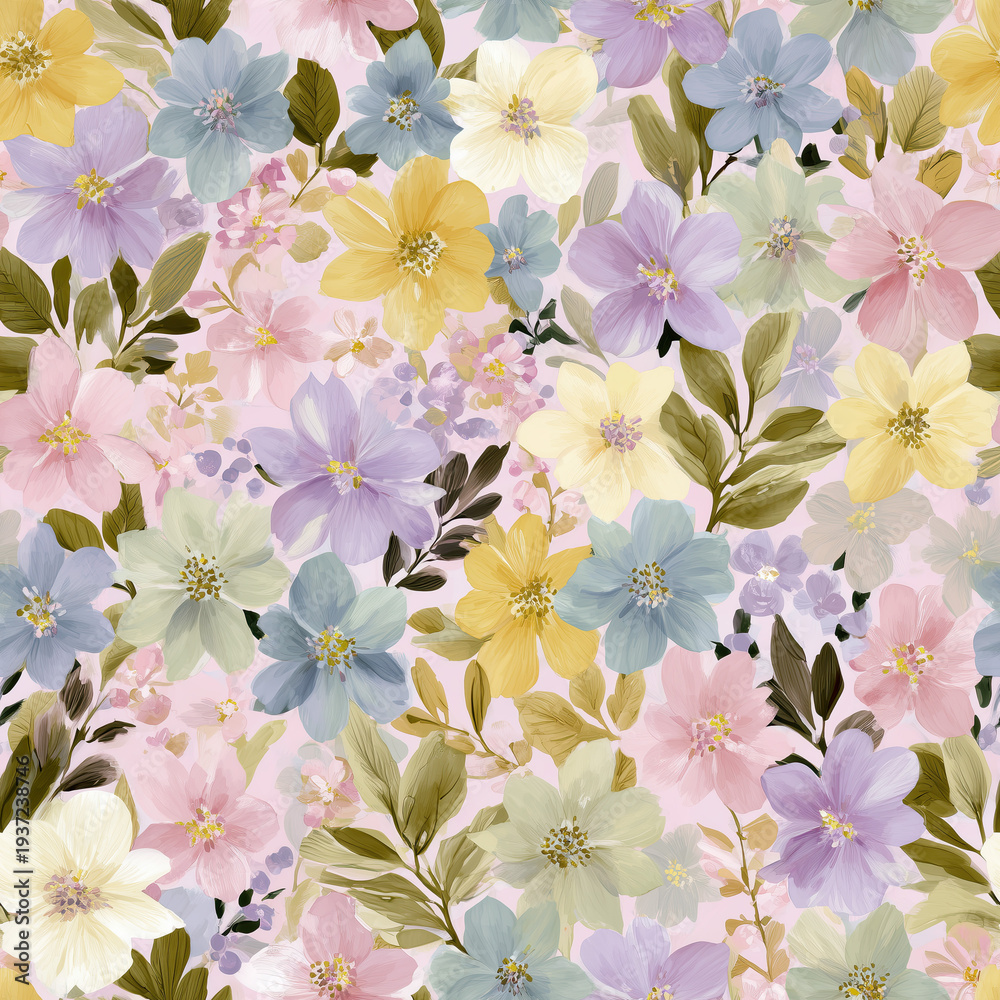 Obraz premium Pastel watercolor floral seamless pattern with wildflowers and botanical elements, soft spring flower background