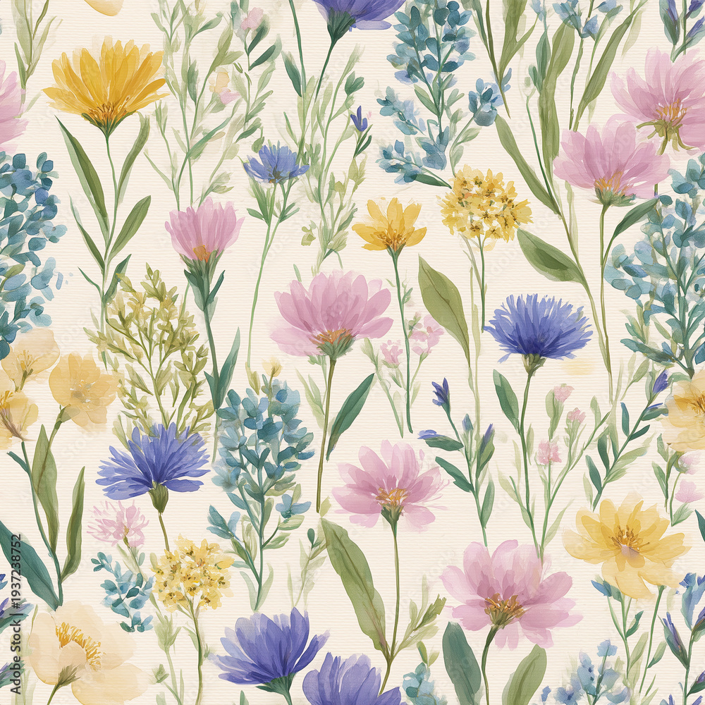 Obraz premium Pastel watercolor floral seamless pattern with wildflowers and botanical elements, soft spring flower background