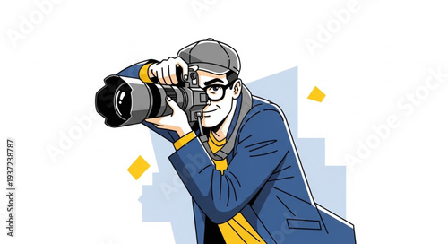 Photographer Taking Pictures with Camera Equipment.