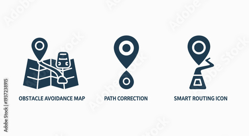 Icons for navigation and routing: obstacle avoidance map, path correction, and smart routing for GPS, travel, and logistics.