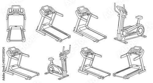 Collection of diverse exercise machines including treadmills and stationary bikes rendered in a clean modern line art