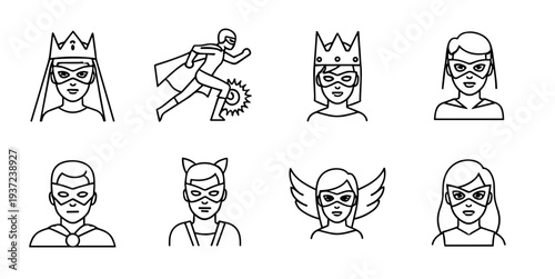 Collection of stylized superhero icons and characters featuring masked individuals with capes crowns and wings