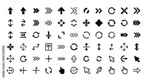 Arrows and icons set with various directional and action symbols featuring black, white, vector with graphic and design