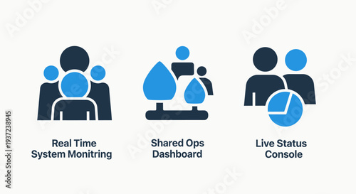 Icons for digital business analytics: teamwork, dashboard, and real-time monitoring dashboards for IT systems and data visualization.
