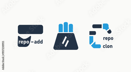 Coding and development icons: repo add, a data pouch, and repo clone, representing version control and software repository operations.