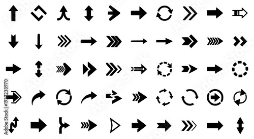 Arrows icon set with diverse styles and directions, including directional, circular, and multi-part arrows.