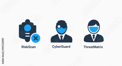 Cybersecurity icons: risk scan, cyber guard, and threat matrix, for online security, data protection, and digital threat management.