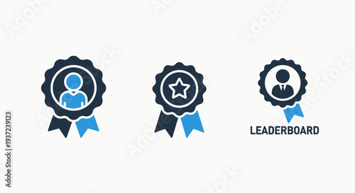 Award and leaderboard icons featuring rosettes with user and star symbols, representing achievement, recognition, and competition rankings.