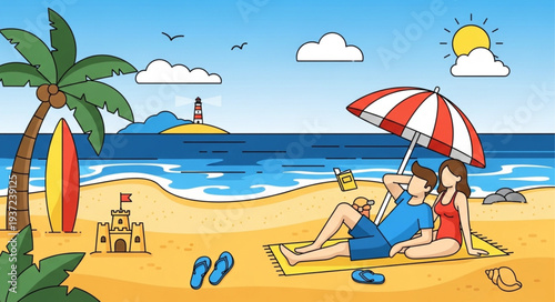Couple Relaxing on Beach Under Umbrella.