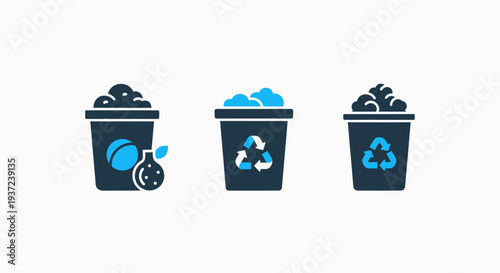 Set of three recycling bins with different waste items, including organic waste and recyclable materials, on a white background.