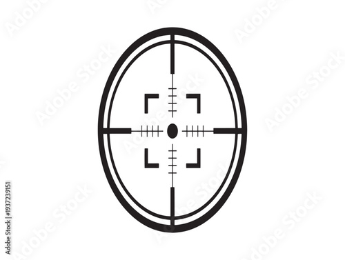 A rifle scope reticle with a black outline and crosshairs on a white background