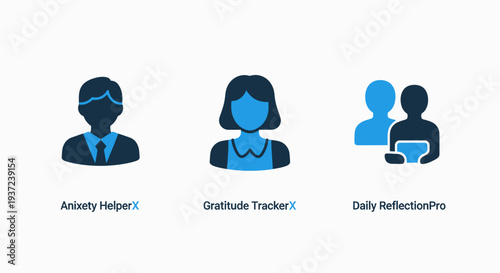Icons for mental wellness apps: Anomaly Helper, Gratitude Tracker, and Daily Reflection Pro, illustrating user profiles.