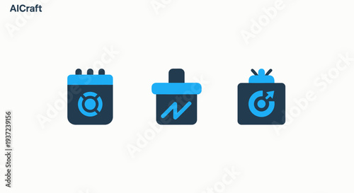 Three modern icons representing data analysis, progress tracking, and optimization, with a blue and dark blue color scheme.