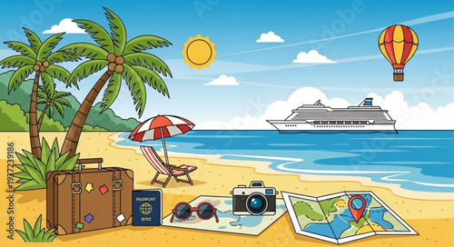 Relaxing Beach Scene with Palm Trees and Cruise Ship.