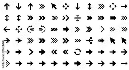 Arrows set with various black directions and styles featuring icons, symbols, navigation with pointers and cursors