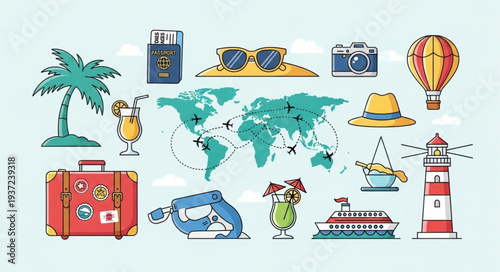 Collection of Travel and Vacation Icons and Symbols.