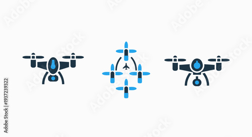 Set of drone icons, including single drones and a formation, representing aerial technology, surveillance, and delivery.
